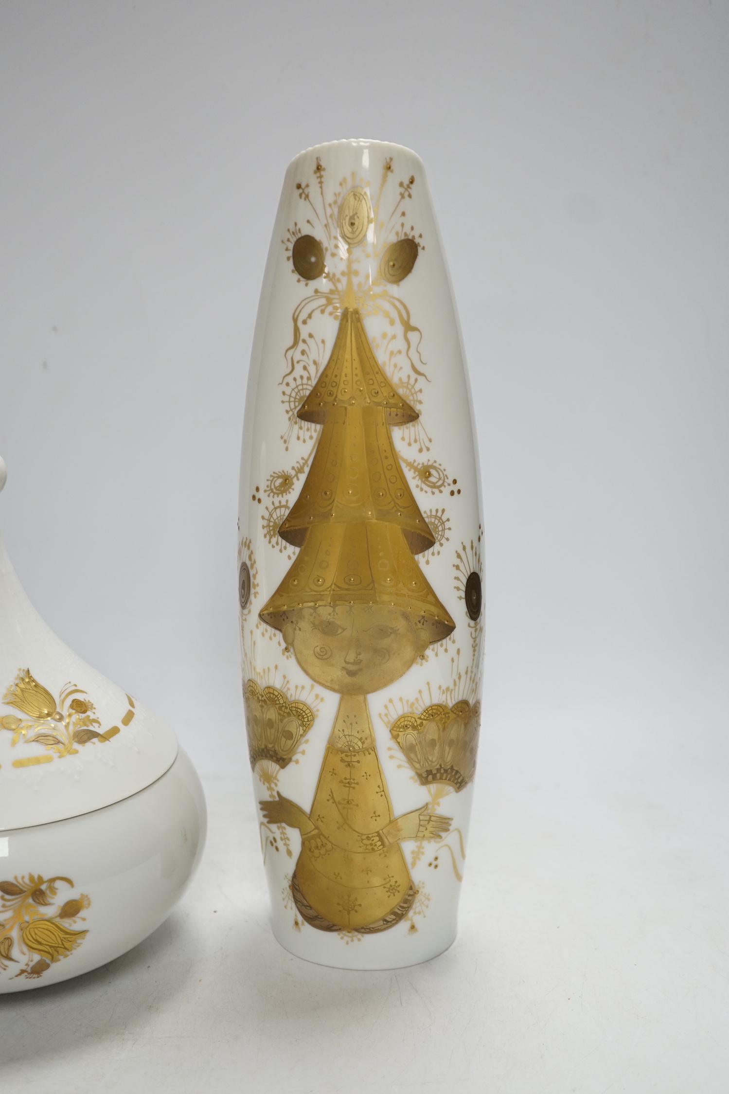 Bjørn Wiinblad for Rosenthal Germany; a Studio Line figural gilt decorated vase, and a similar gilt decorated onion shaped jar and cover, vase 31cm high